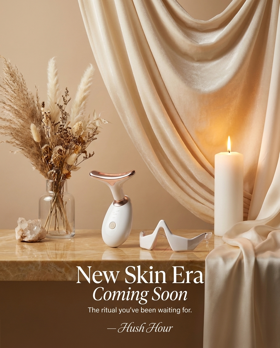 HushHour LED facial sculptor and under-eye glasses styled on a marble table with dried flowers, candle and champagne drapery, New Skin Era coming soon campaign visual for HushHour Cosmetics.