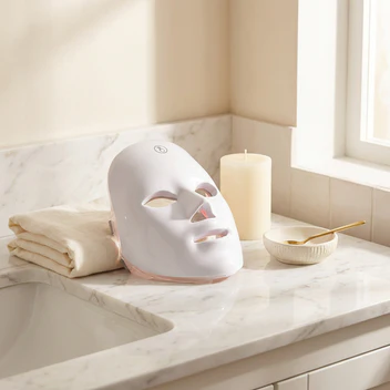 HushHour LED face mask styled on a bright marble bathroom counter with folded towels, candle and skincare bowl in soft morning light, product lifestyle image for HushHour Cosmetics.