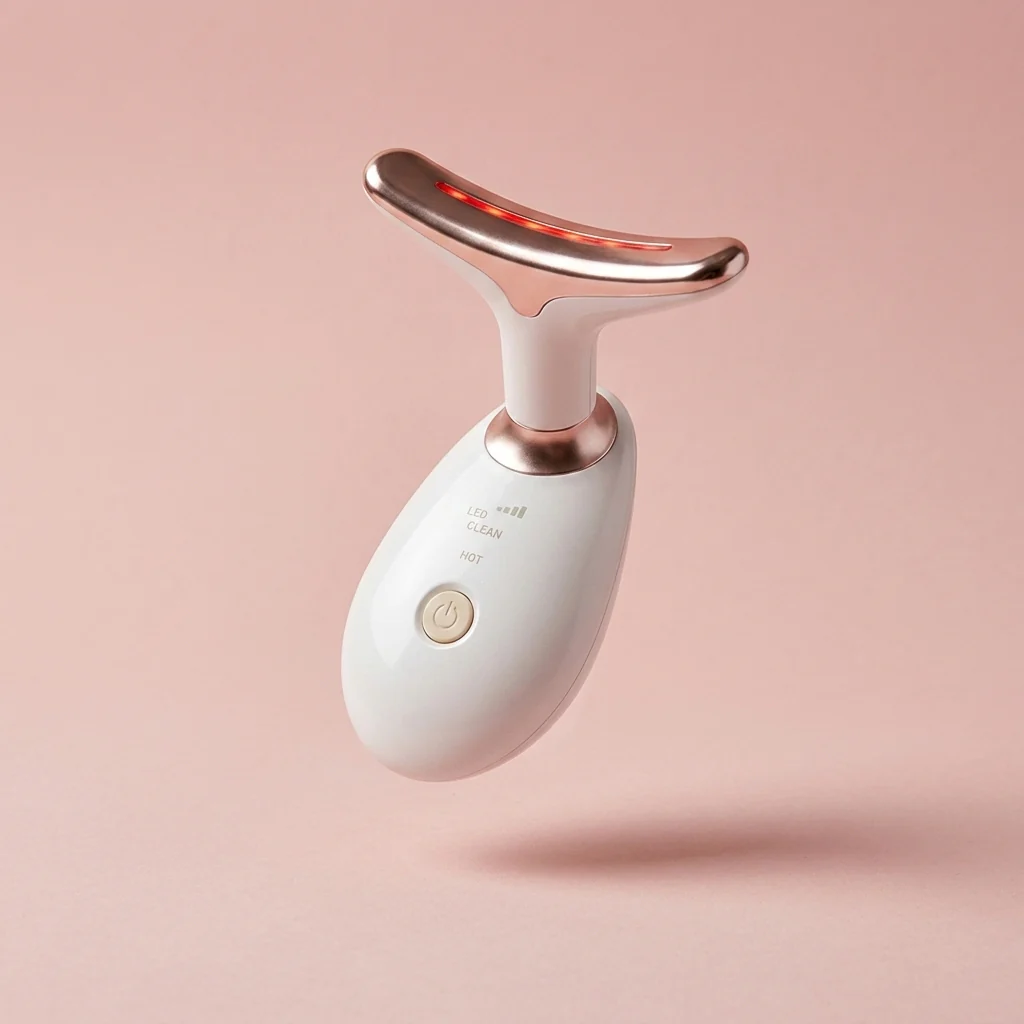 HushHour LED facial sculptor product shot floating on a soft pink background with warm red light, clean beauty-tech device visual for HushHour Cosmetics.